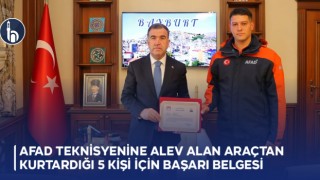 AFAD Teknisyenine Alev Alan Araçtan Kurtardığı 5 Kişi İçin Başarı Belgesi